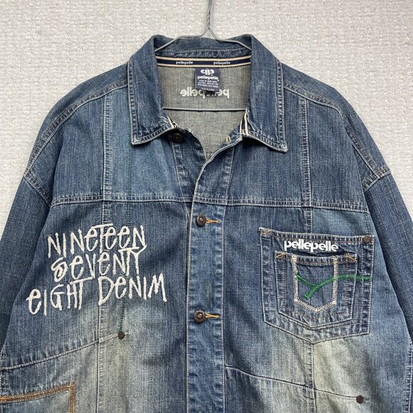 VTG PELLE PELLE Marc Buchanan Denim Jean Jacket Men XL Y2K Distressed 1978 - Picture 2 of 15